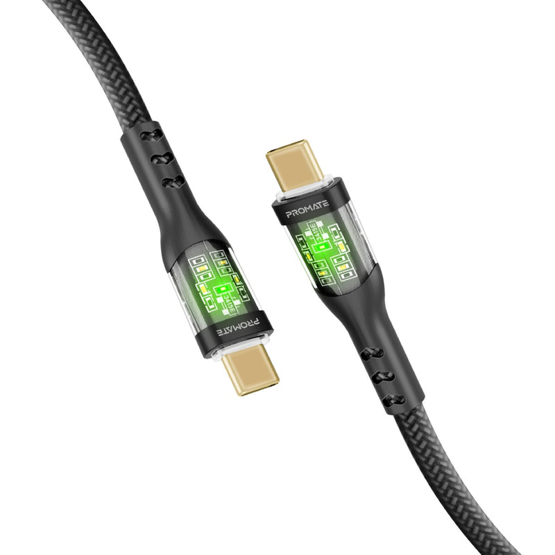 Promate 60W Power Delivery Ultra-Fast USB-C Transparent Cable with LED
