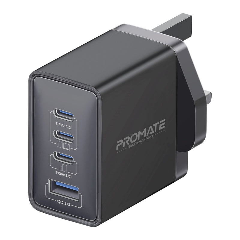 Promate GaNport4-67PD.Black.UK 67W PD GaNfast Charger with 2x67WPD