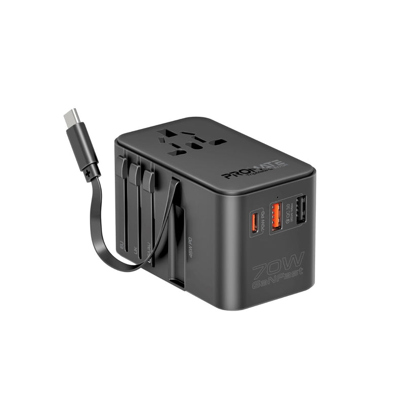 Promate 70W GaNFast™Travel Adapter with Retractable Built-in USB-C