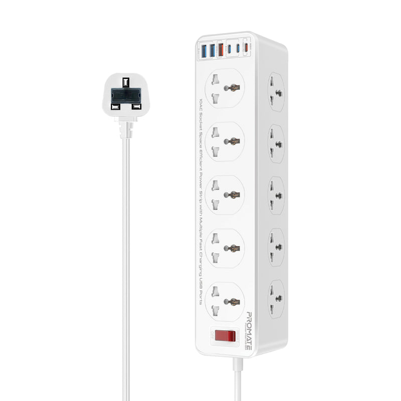 Promate 10AC Socket Space Efficient Power Strip with Multiple Fast