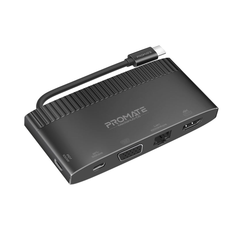 Promate 6 in 1 Super Speed USB-C Media Hub with 100W Power Delivery •