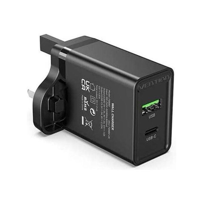 Vention Two-Port USB(A+C) Wall Charger (18W/20W) UK-Plug Black