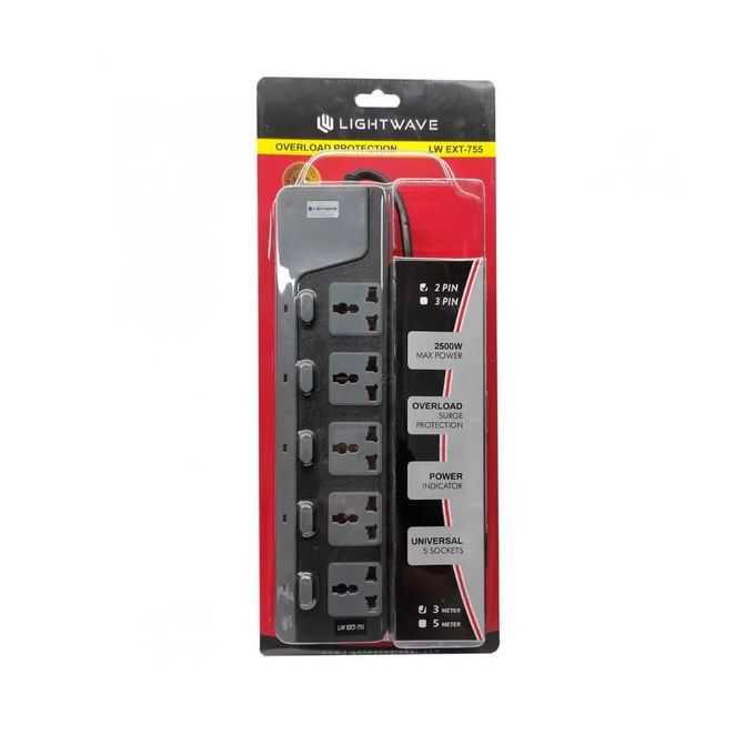 Lightwave Extension Socket- 3 Metres 5WAY, Overload protection
