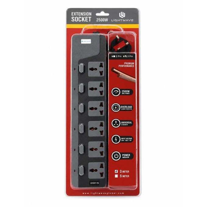 Lightwave Extension Socket- 3 Metres 6WAY, Overload protection