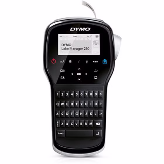 DYMO LabelManager 280, Portable Thermal Transfer Label Maker, 180 dpi, 15 mm/sec, 6/9/12 mm D1 Tapes, QWERTY + LCD, USB, Rechargeable Battery