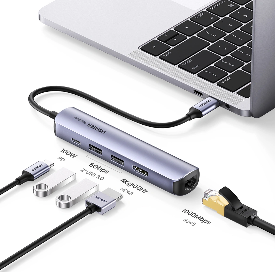UGREEN 5-in-1 USB-C To 2*USB 3.0 A+HDMI+RJ45+PD Converter, CM418, 10919