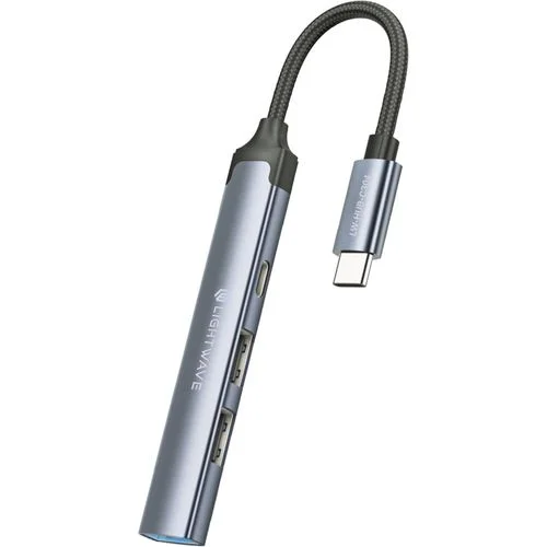 Light Wave 4-in-1- USB Hub Adapter / USB-A to 1x USB 3.0, 2x USB 2.0, 1x Type-C / Grey / 0.12M Cable/Fast Data Transfer.-4865