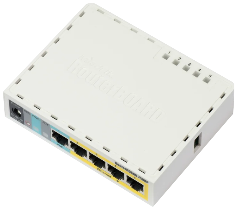 5xEthernet with PoE output for four ports, USB, 400MHz CPU, 32MB RAM, RouterOS L4. 