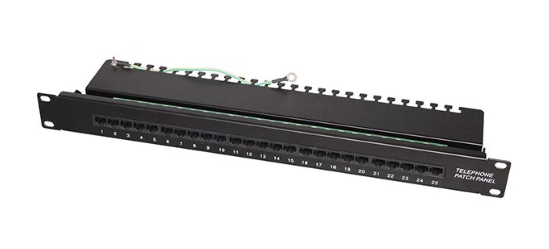 CAT 3 Patch Panel : 25-port category 3 ISDN/telephone flat patch panel is black, (1 RU).