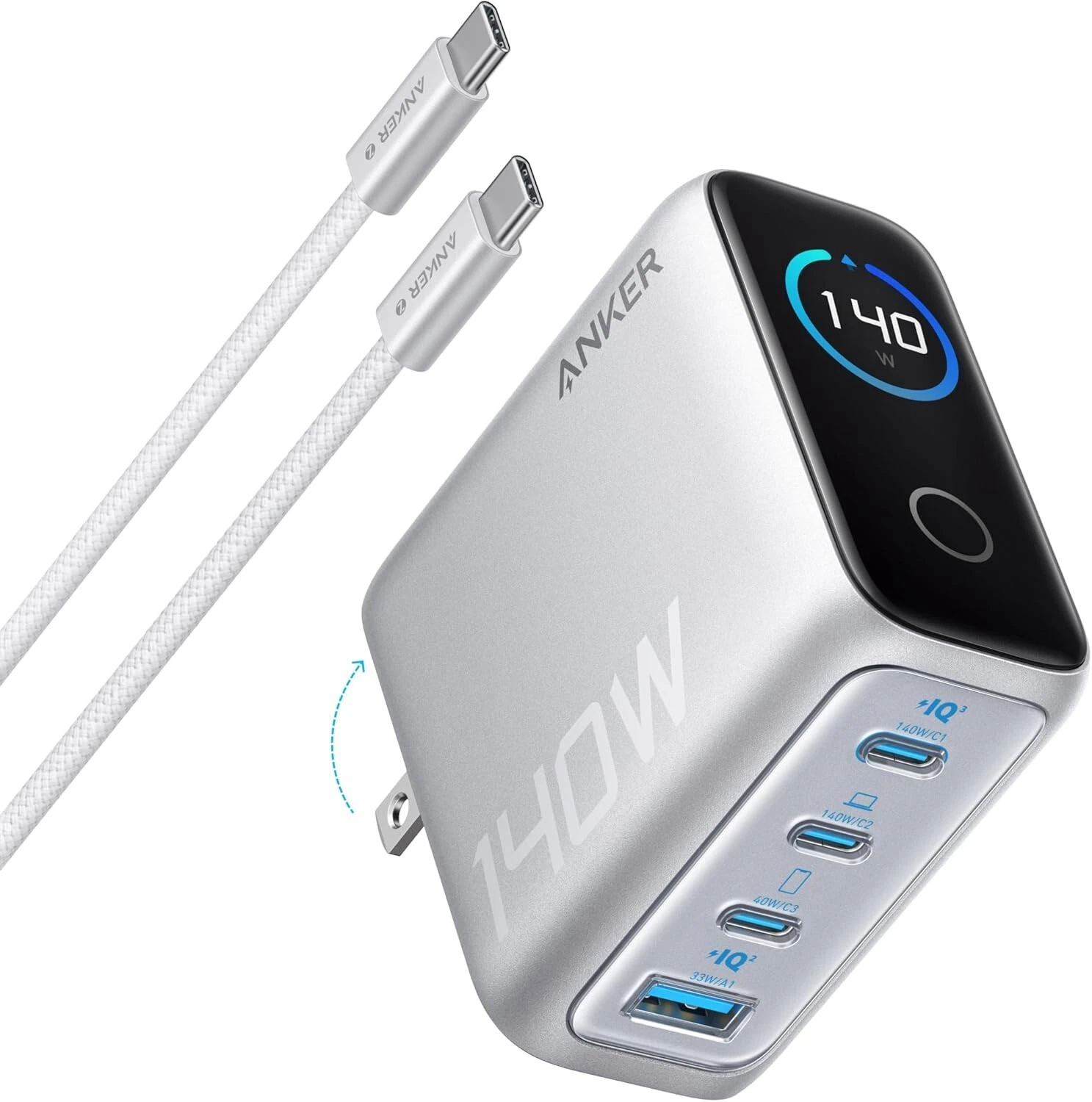 B2697K41 ANKER CHARGER (140W, 4 PORTS, PD 3.1) WITH USB-C CABLE SILVER