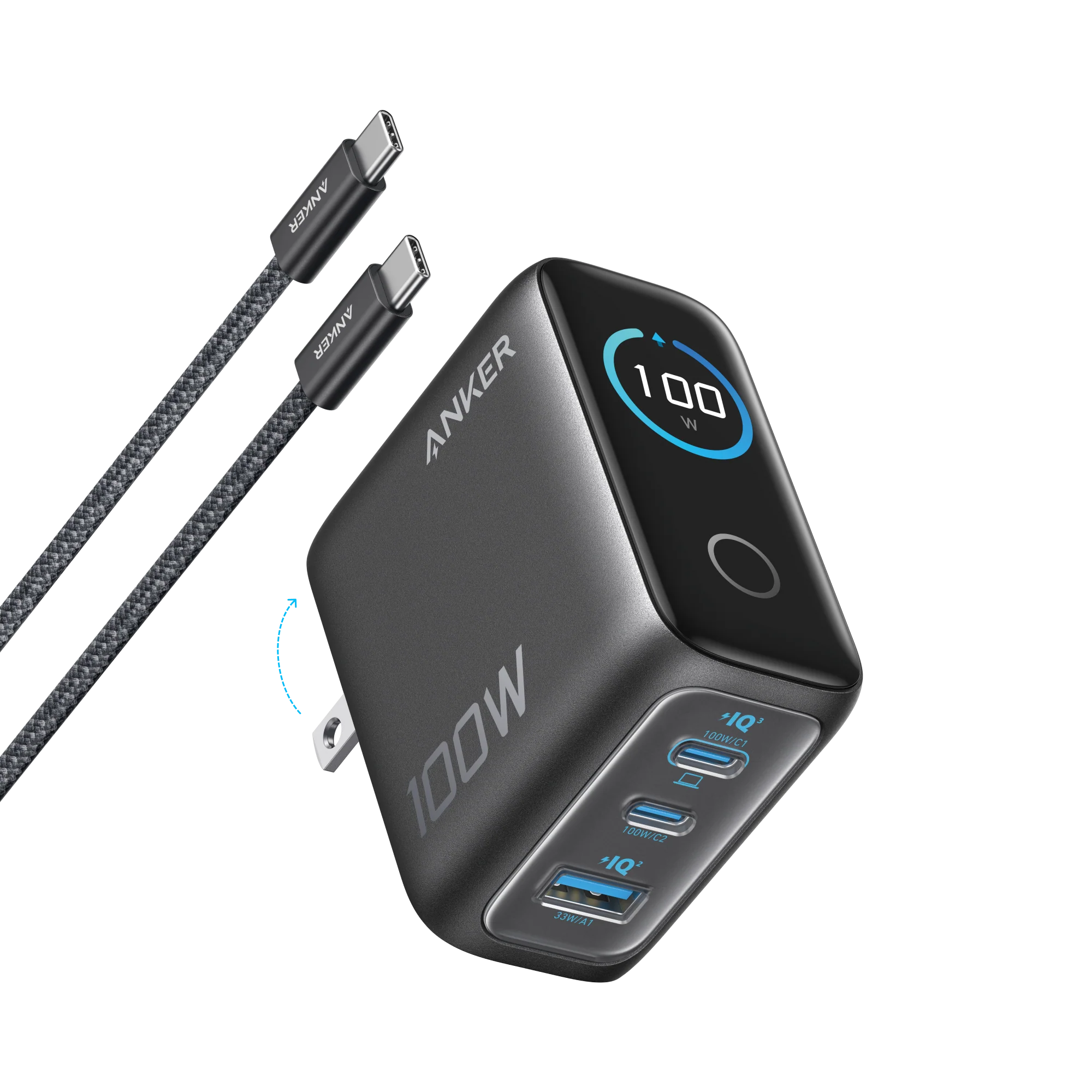 ANKER CHARGER (100W, 3PORTS, SMARTDISPLAY) SILVER B121BK41