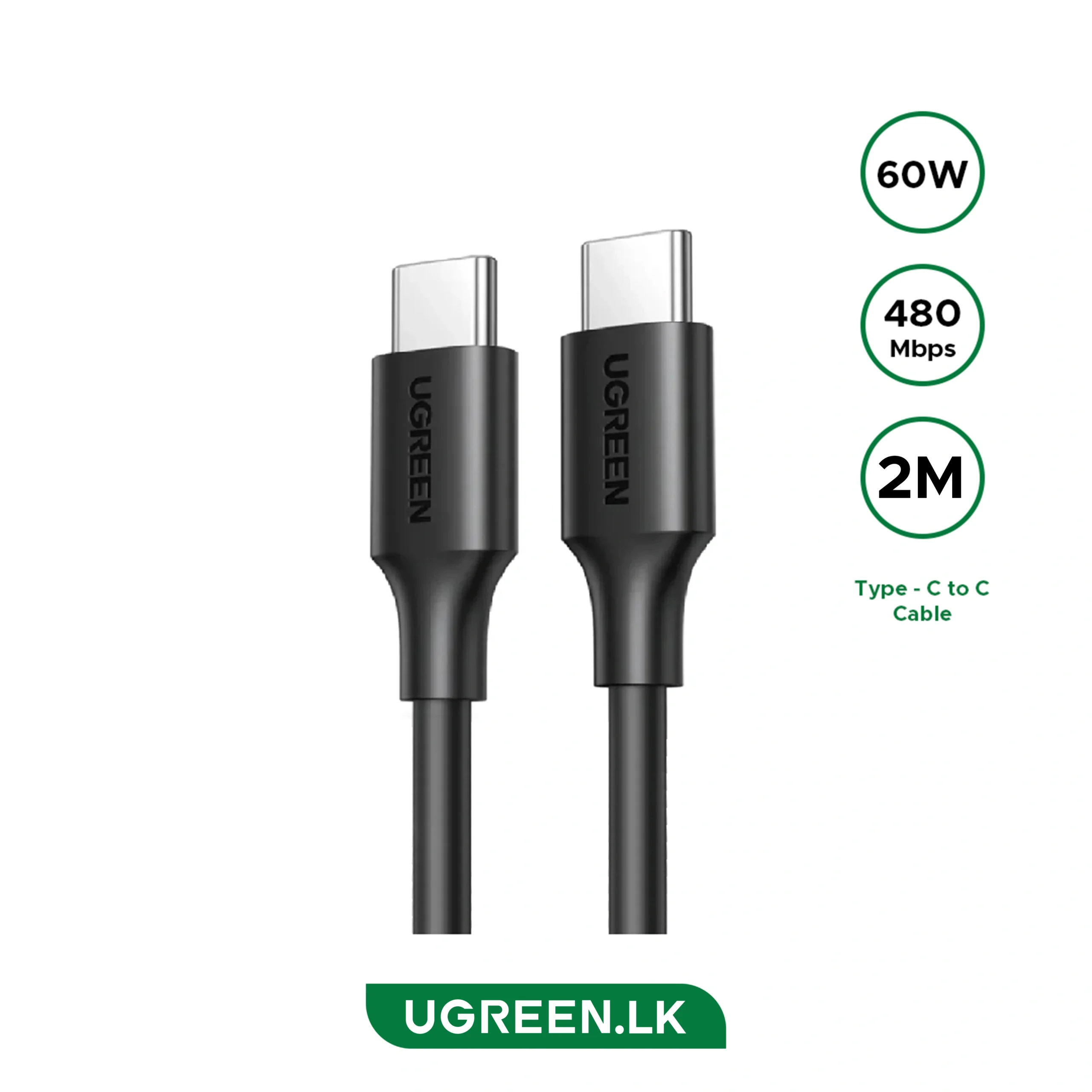 UGREEN USB-C 2.0 Male to Male 3A Cable 2m (Black) - US286 UG-10306