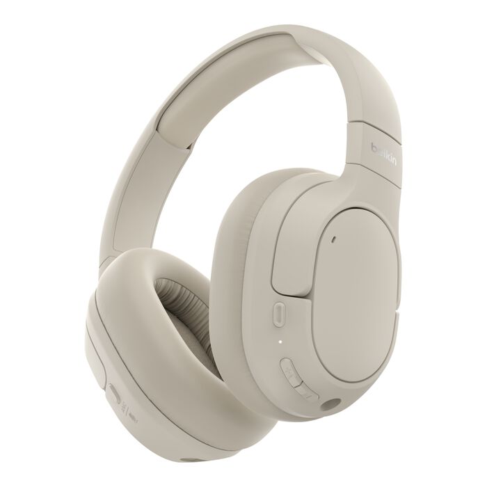 Belkin SoundForm Isolate AUD008hqSA Wireless Active Noise Cancelling Over-Ear Headphones – 60H Battery Life, Bluetooth 5.4 Multipoint, 40mm Drivers, Sand / Beige