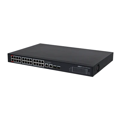 Dahua DHI-PFS3228-24GT-240-PoE 28-Port Unmanaged Gigabit PoE Switch – 24-Port Gigabit PoE+ (Ports 1–2 Red Ports Support IEEE 802.3bt 90W), 2-Port Gigabit RJ45 & 2-Port Gigabit SFP Uplinks, 240W Power Budget, Intelligent PoE & Long-Distance Transmission
