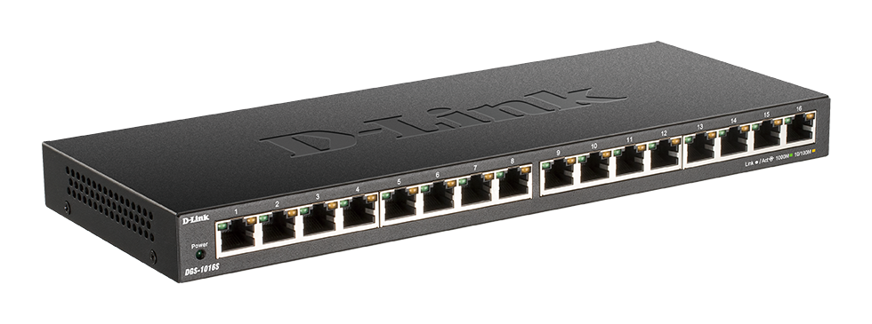 D-Link DGS-1016S/B 16-Port Gigabit Ethernet Unmanaged Desktop Switch (32Gbps Switching Capacity, Fanless Metal Housing, 802.1p QoS, Energy-Efficient)   