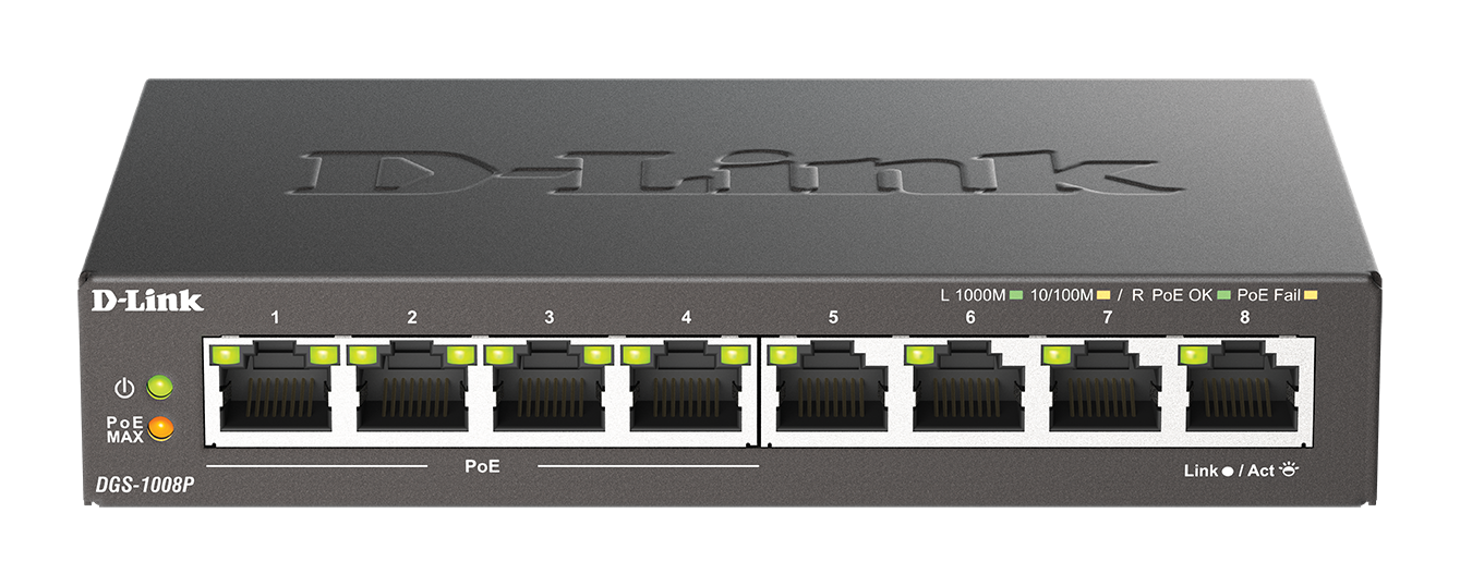 D-Link DGS-1008P 8-Port Gigabit Ethernet Unmanaged Desktop Switch (4 PoE Ports, 60W Power Budget, Fanless Metal Housing, Plug-and-Play)