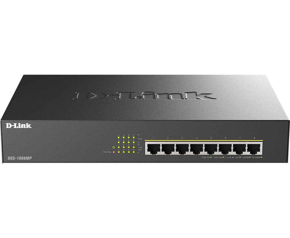 D-Link DGS-1008MP 8-Port Gigabit Ethernet Unmanaged PoE+ Switch (All 8 Ports PoE+, 125W/140W Power Budget, 16Gbps Switching Capacity, Fanless Metal Housing)