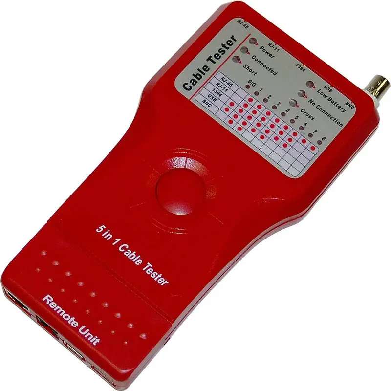 5-in-1 Cable Tester, RJ45/RJ11/BNC/USB/1394, Open/Short/Cross Detection, 600ft Range, 9V Battery