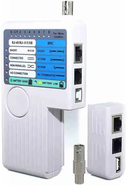 All-in-One Cable Tester, RJ45/RJ11/BNC/USB, Open/Short/Cross Detection, LED/LCD Indicators, 600ft Range