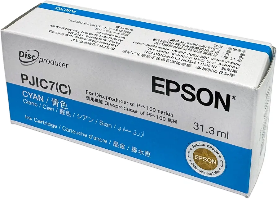 Epson PJIC1-C (C13S020447) Cyan Discproducer Ink Cartridge, Dye-Based, 26 ml, Up to 1,000 Discs, for PP-100 / PP-50